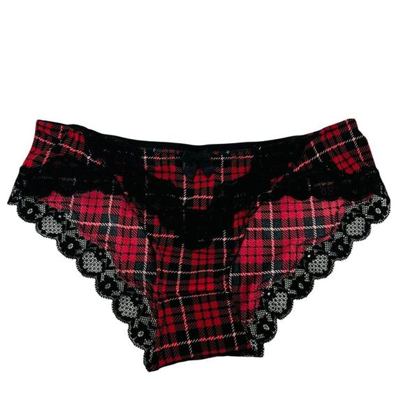 Adore Me Playful Red Black Plaid Hipster Panty Lace Trim XSmall - Picture 1 of 6